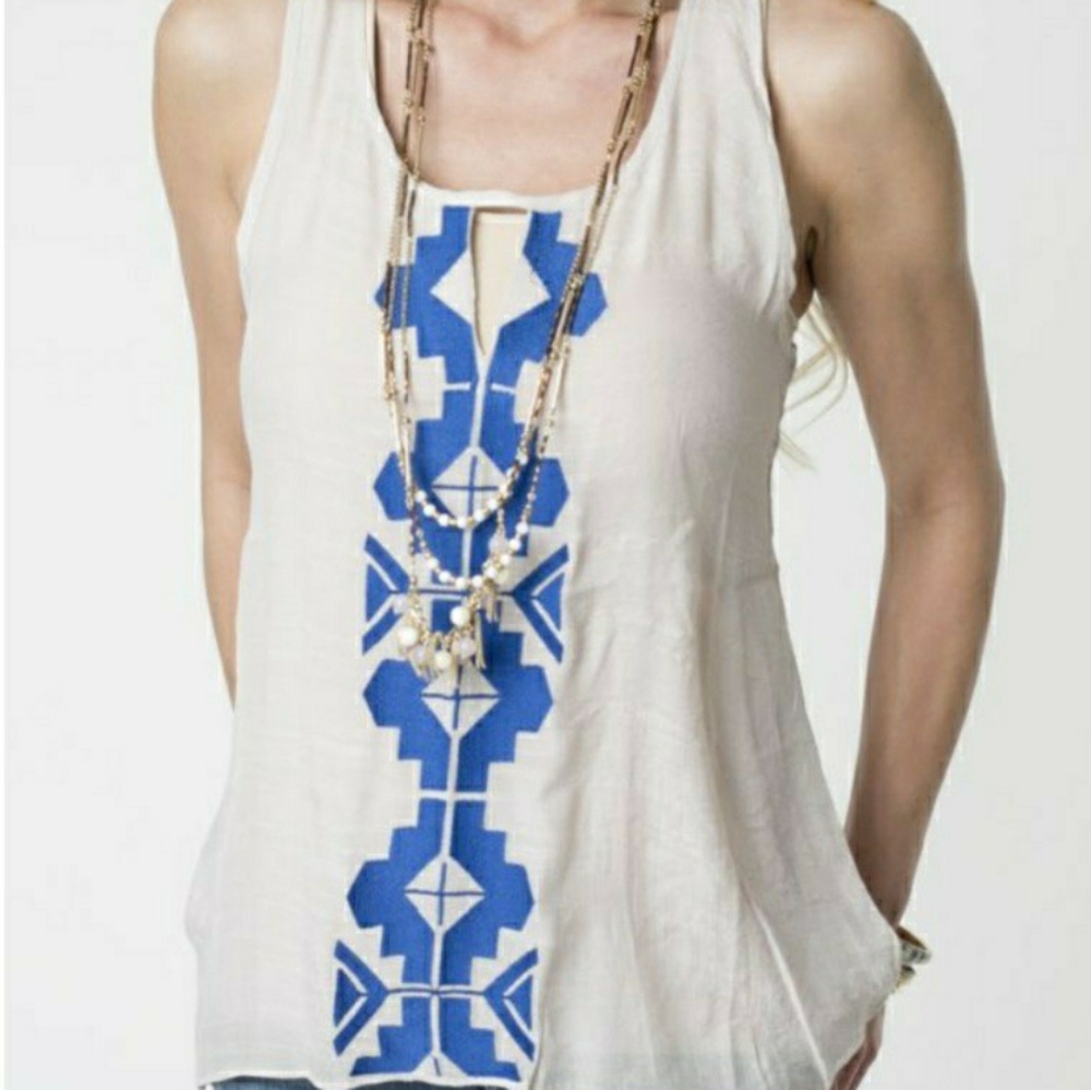 THML Beige tank with blue embroidered Aztec print